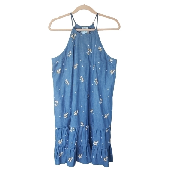 Cece Chambray Denim Sunflower Embroidery Spaghetti Straps Dress - Picture 3 of 9